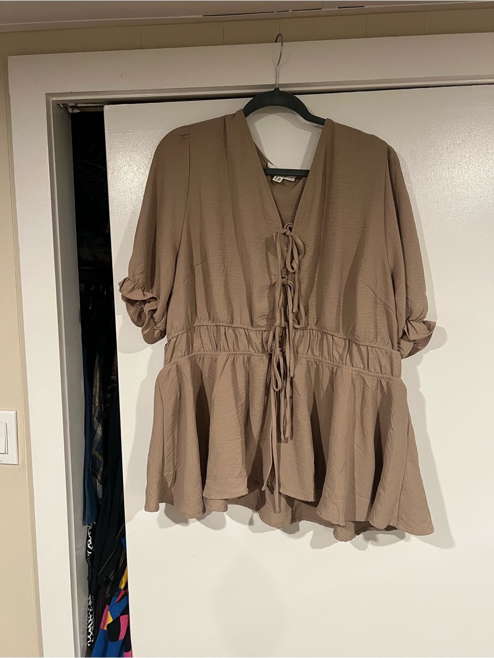 Taupe Tie-Front Peplum Blouse with Adjustable Waist